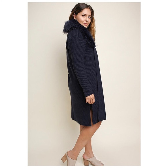 LAST☝️Navy Knit Open Cardigan with Faux fur Collar - Picture 7 of 9